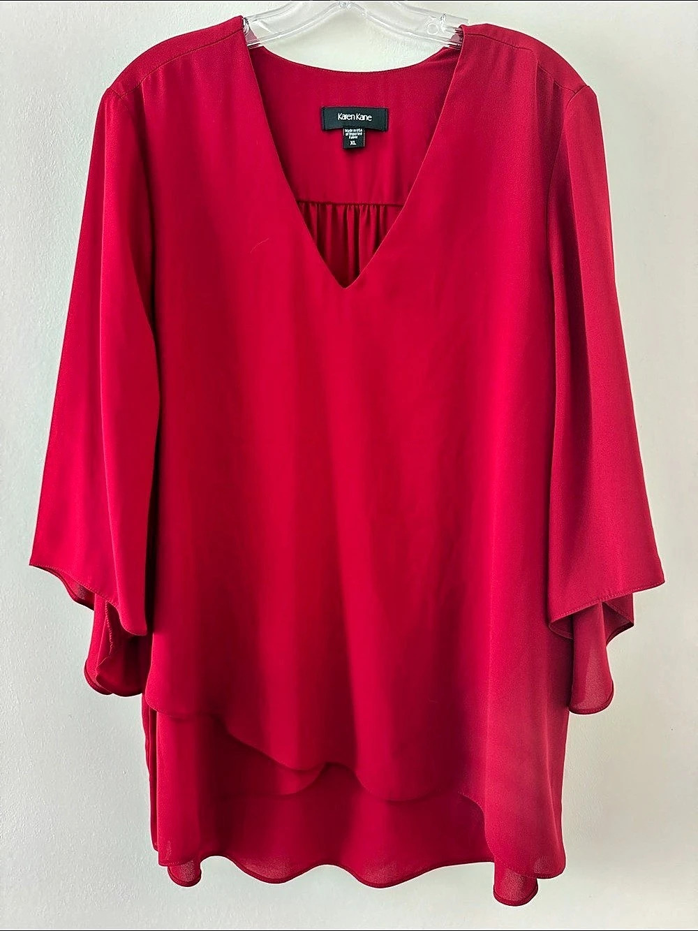 Karen Kane Layered Sleeve Asymmetric Top Blouse in Red XL